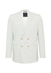 Lichtgrijze dubbelgebreide blazer van textuurstof. Voorzien van twee voorzakken en houten knoopaccenten. Klassiek reversontwerp.