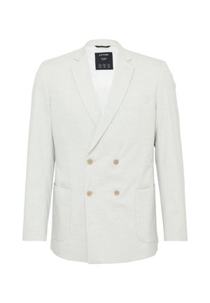Hellgrauer, doppelt geknöpfter Blazer aus strukturiertem Stoff. Verfügt über zwei Vordertaschen und Holzknopf-Akzente. Klassisches Revers-Design.