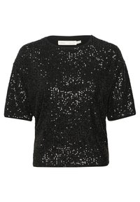 Top nero a maniche corte ricoperto di paillettes, con scollatura rotonda e una vestibilità leggermente rilassata. Superficie testurizzata con dettagli lucidi.