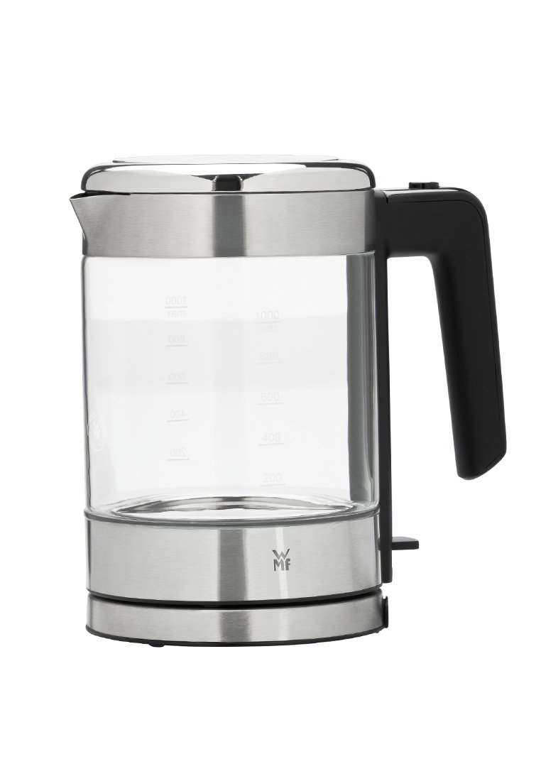 Bouilloire électrique avec un corps en verre, des accents en acier inoxydable, une poignée noire et des marquages de mesure. Base ronde, transparente pour plus de visibilité.