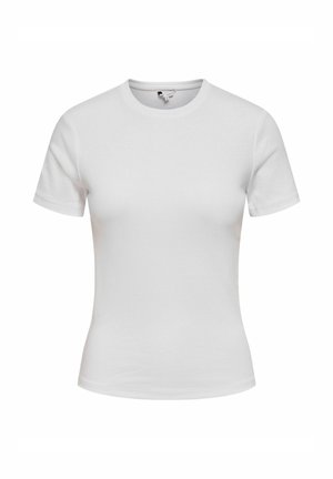 Camiseta blanca lisa de manga corta ajustada con cuello redondo, mostrada sobre un fondo blanco neutro.