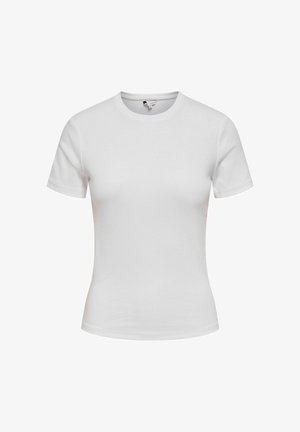 Camiseta blanca lisa de manga corta ajustada con cuello redondo, mostrada sobre un fondo blanco neutro.