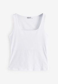 Biely tielkový top bez rukávov so štvorcovým výstrihom, vyrobený z mäkkej látky. Jednoduchý dizajn s čistými okrajmi bez viditeľných vzorov alebo ozdôb.