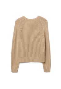 Maglione beige lavorato a maglia con orlo a coste, maniche raglan e texture a trame aperte sulle spalle. La vista posteriore mette in mostra la cucitura dettagliata.