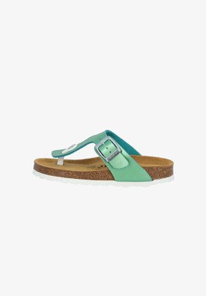 Green and blue thong sandal with a leather upper, cork footbed, and plastic buckle. White textured sole with slight arch support.