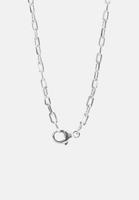 Silver link chain necklace with alternating oblong and round links. Features a secure lobster clasp for closure. Smooth metallic texture.