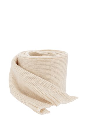 Écharpe en tricot crème, design roulé, texture côtelée, matériau en laine douce, bords effilochés, légère, adaptée pour superposer ou pour la chaleur.