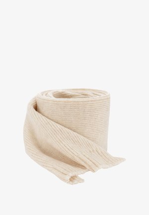 Écharpe en tricot crème, design roulé, texture côtelée, matériau en laine douce, bords effilochés, légère, adaptée pour superposer ou pour la chaleur.