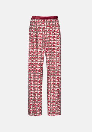 Rood en grijs gestreepte pyjamabroek met een relaxte pasvorm, voorzien van een soepele bordeauxrode tailleband. Gemaakt van lichte, zachte stof.