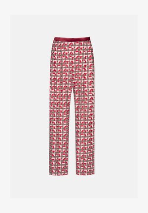 Pantalons de pyjama à motif rouge et gris avec une coupe décontractée, dotés d'une taille maroon lisse. Fabriqués en tissu léger et doux.