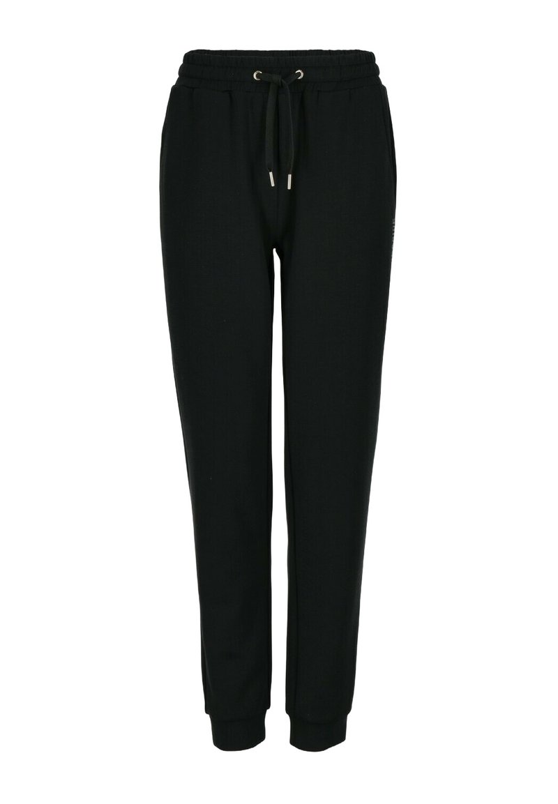 Zwarte joggingsbroek met elastische tailleband, trekkoorddetail en ribgebreide boorden. Gemaakt van zacht materiaal en met een gladde textuur.