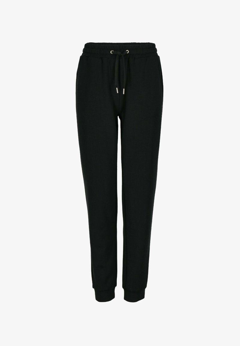 Black jogger pants with elastic waistband, drawstring detail, and ribbed cuffs. Made of soft material, featuring a smooth texture.