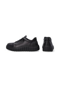 Schwarze Leder-Sneaker mit einer strukturierten, dicken Sohle. Merkmale sind Schnürsenkel, eine abgerundete Zehenpartie und ein minimalistisches Design.