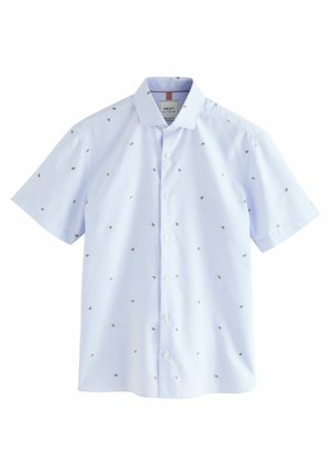 Helehall sinine lühikeste varrukatega nööbiga särk, millel on peened horisontaalsed triibud ja väike lilleline tikand kontrastsetes värvides. Tavaline kraedisain.