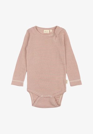 Bavlněný body pro miminka s dlouhým rukávem v tlumené růžové barvě s bílými pruhy, má kulatý výstřih, detail na bočním uzlu a patentky na spodní části.