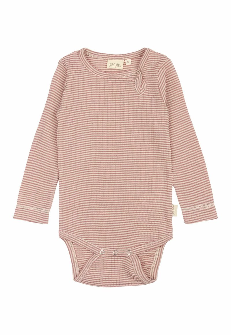 Bodysuit para bebé de manga larga en rosa apagado con rayas blancas, presenta un escote redondo, detalle de lazo lateral y botones de presión en la parte inferior.