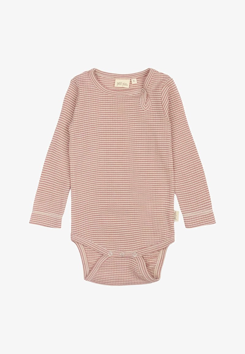 Garu piedurkņu bērnu bodijs maigi rozā krāsā ar baltām svītrām, ar apaļu kakla izgriezumu, sānu saites detaļu un pogām apakšā.