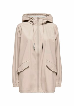 Beige waterdichte jas met een ritssluiting aan de voorkant, verstelbare capuchon, elastische manchetten en twee voorzakken. Glad textuur en een relaxed fit.