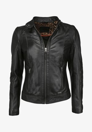 Schwarze Lederjacke mit tailliertem Design, ausgestattet mit einem Reißverschluss vorne, zwei Reißverschlusstaschen und einem Innenfutter im Leopardenmuster. Glatte Textur und elegantes Silhouette.