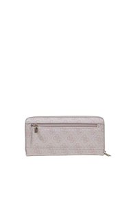 Pink wallet with embossed logo pattern, zip closure, and a front pocket. Material appears textured, with a smooth finish and metallic accents.