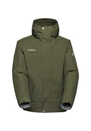 Olive green waterproof jacket with a zippered front, adjustable hood, and logo detail. Features a smooth texture and minimalistic design.