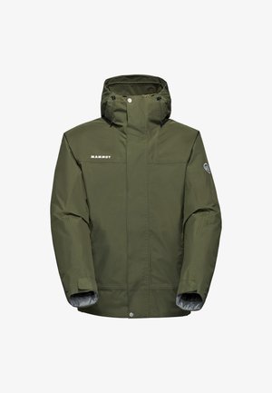 Olive green waterproof jacket with a zippered front, adjustable hood, and logo detail. Features a smooth texture and minimalistic design.