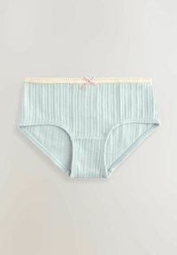 Boyshorts in cotone a coste di colore azzurro chiaro con un bordo in pizzo crema e un piccolo fiocco rosa al centro anteriore.