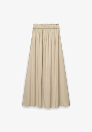 Gonna lunga beige con vita elastica arricciata e tessuto fluente per una vestibilità ampia e comoda.