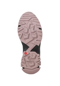 Black outsole with a textured, pink rubber bottom. Features a grip pattern with varying shapes and a red accent near the heel.