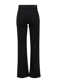 Zwarte uitlopende broek met een gladde textuur, hoge tailleband en achterzakken; heeft een klein merklabel op de tailleband.