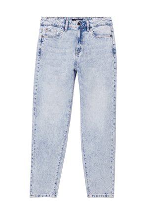 Jeans in denim celeste con un lavaggio sbiadito, taglio dritto, cinque tasche e chiusura frontale con bottone e zip.