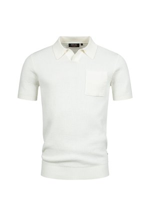 Tricou polo tricotat alb, cu mânecă scurtă, guler și buzunar pe piept, textură rigată și croială ajustată.