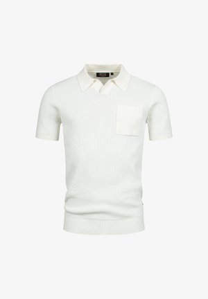 Fehér, rövid ujjú, kötött pólóing, gallérral és mellzsebbel, bordázott textúrával és testhez simuló fazonnal.