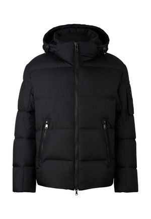 Black padded jacket with a hood, featuring a front zipper, two side pockets, and an additional pocket on the left sleeve. Matte finish.