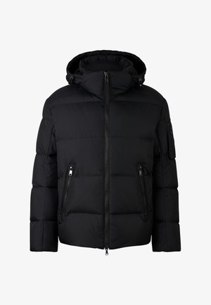 Black padded jacket with a hood, featuring a front zipper, two side pockets, and an additional pocket on the left sleeve. Matte finish.
