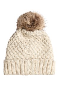 Strikket cremet hue med et struktureret mønster, der har en bred ribbet manchet og er pyntet med en faux fur pom pom i en lys brun nuance.