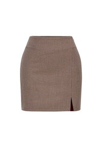 Rutig kjol i brunt och beige, tillverkad av texturerad tyg. Har en åtsittande silhuett och en sidosprund för extra detalj.