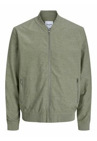 Grüne Bomberjacke mit einem Reißverschluss, geripptem Kragen und Bündchen, ausgestattet mit zwei seitlichen Taschen mit Reißverschlüssen und einer glatten Textur.
