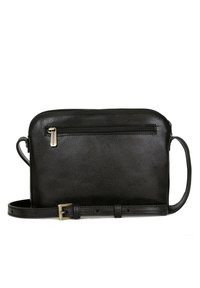 Borsa a tracolla nera in pelle con superficie texturizzata, chiusura superiore con zip, tasca anteriore con zip e tracolla regolabile. Presenta finiture in metallo dorato.