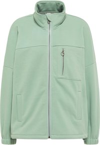 Giacca in pile con zip di colore verde menta, dotata di un colletto alto, zip frontale, tasca sul petto con un tirante a forma di cuore e tasche laterali.