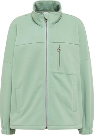 Fleece zip-up jacket in mint green, featuring a high collar, front zipper, chest pocket with heart-shaped pull, and side pockets.