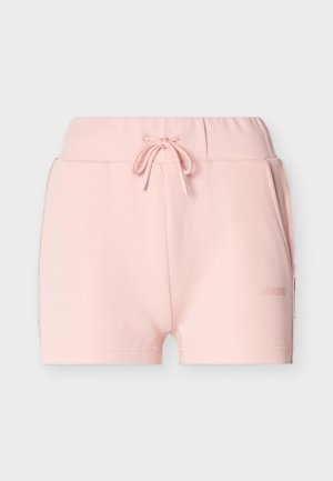 Jasnoróżowe szorty damskie z elastycznym pasem, przednimi kieszeniami, sznurkiem do wiązania oraz subtelnym wytłoczonym logo marki na lewej nogawce.