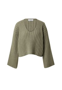 Olivgrüner, verkürzter Pullover mit gerippter Textur, V-Ausschnitt und weiten Ärmeln, aus weichem Strickmaterial gefertigt und mit vertikalen Streifen versehen.