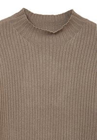 Maglione a coste marrone con un colletto alto, caratterizzato da un colletto testurizzato e leggermente sfilacciato e strisce verticali su tutta la superficie.