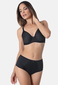 Black seamless bra with lace trim and matching high-waisted briefs. Smooth fabric, molded cups, and decorative hardware detail on briefs.