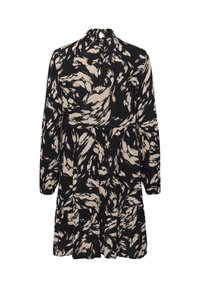 Must ja beež põlve kohal olev kleit keerleva abstraktse mustriga, pikkade varrukatega ja kõrge kaelusega. Omab astmelist seelikut.