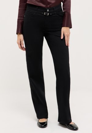 Black straight-leg jeans in denim with a mid-rise waist, featuring front pockets, a metal button closure, and a smooth texture.