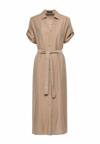 Beżowa sukienka zapinana na guziki z krótkimi, podwiniętymi rękawami, związywanym paskiem w talii, do kolan, wykonana z lekkiego materiału, z klasycznym kołnierzykiem.