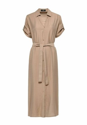 Beżowa sukienka zapinana na guziki z krótkimi, podwiniętymi rękawami, związywanym paskiem w talii, do kolan, wykonana z lekkiego materiału, z klasycznym kołnierzykiem.