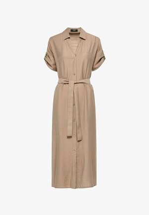 Beżowa sukienka zapinana na guziki z krótkimi, podwiniętymi rękawami, związywanym paskiem w talii, do kolan, wykonana z lekkiego materiału, z klasycznym kołnierzykiem.